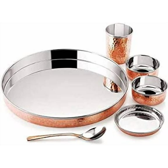 SAI DECORATIVE Stainless Steel & Copper Traditional Kitchen Dinner Royal Thali Piece of-6 Thali-1 Puding Plate-1 Bowls-2 Spoon-1 Glass-1 Special Thali(set-1)