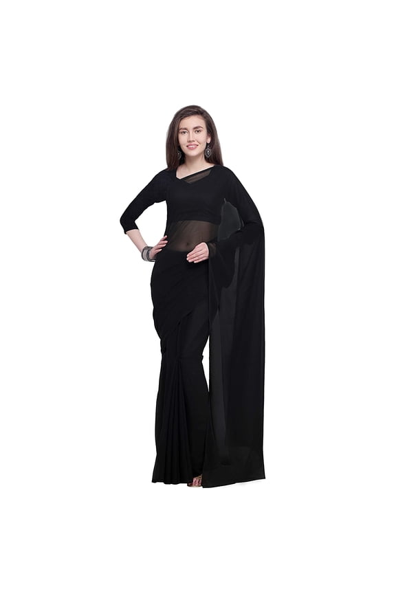 Women's Georgette Saree With Unstitched Blouse Piece plain sarees color-Black