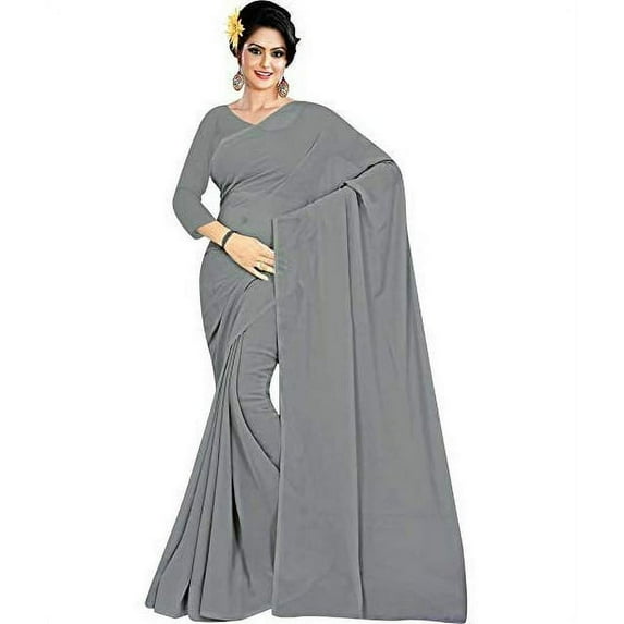 SAI DECORATIVE Women's Georgette Saree With Unstitched Blouse Piece plain sarees color-Light Gray