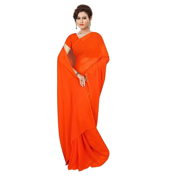 SAI DECORATIVE Women's Georgette Saree With Unstitched Blouse Piece plain sarees color-Orange