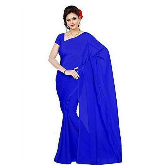 SAI DECORATIVE Women's Georgette Saree With Unstitched Blouse Piece plain sarees color-Royal Blue