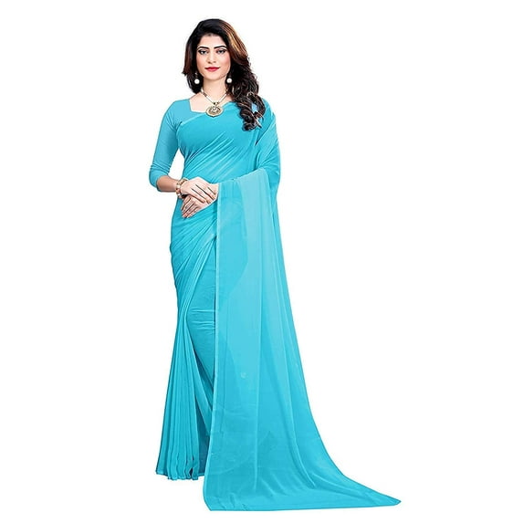 SAI DECORATIVE Women's Georgette Saree With Unstitched Blouse Piece plain sarees color-Sky Blue