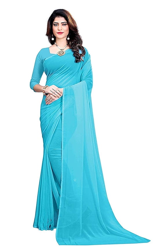 Women's Georgette Saree With Unstitched Blouse Piece plain sarees color-Sky Blue