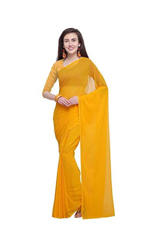 Women's Georgette Saree With Unstitched Blouse Piece plain sarees color-Yellow