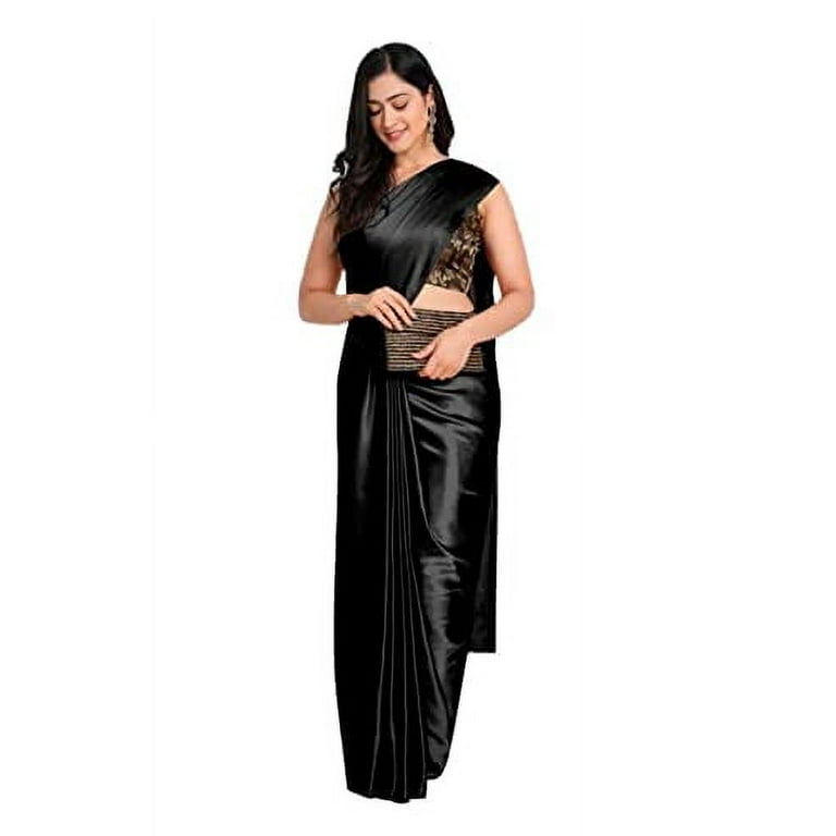 SAI DECORATIVE Women's Indian Traditional Plain Weave Satin Silk Saree  soft, silky and shiny, With Unstitched Blouse Piece Color:-Black 