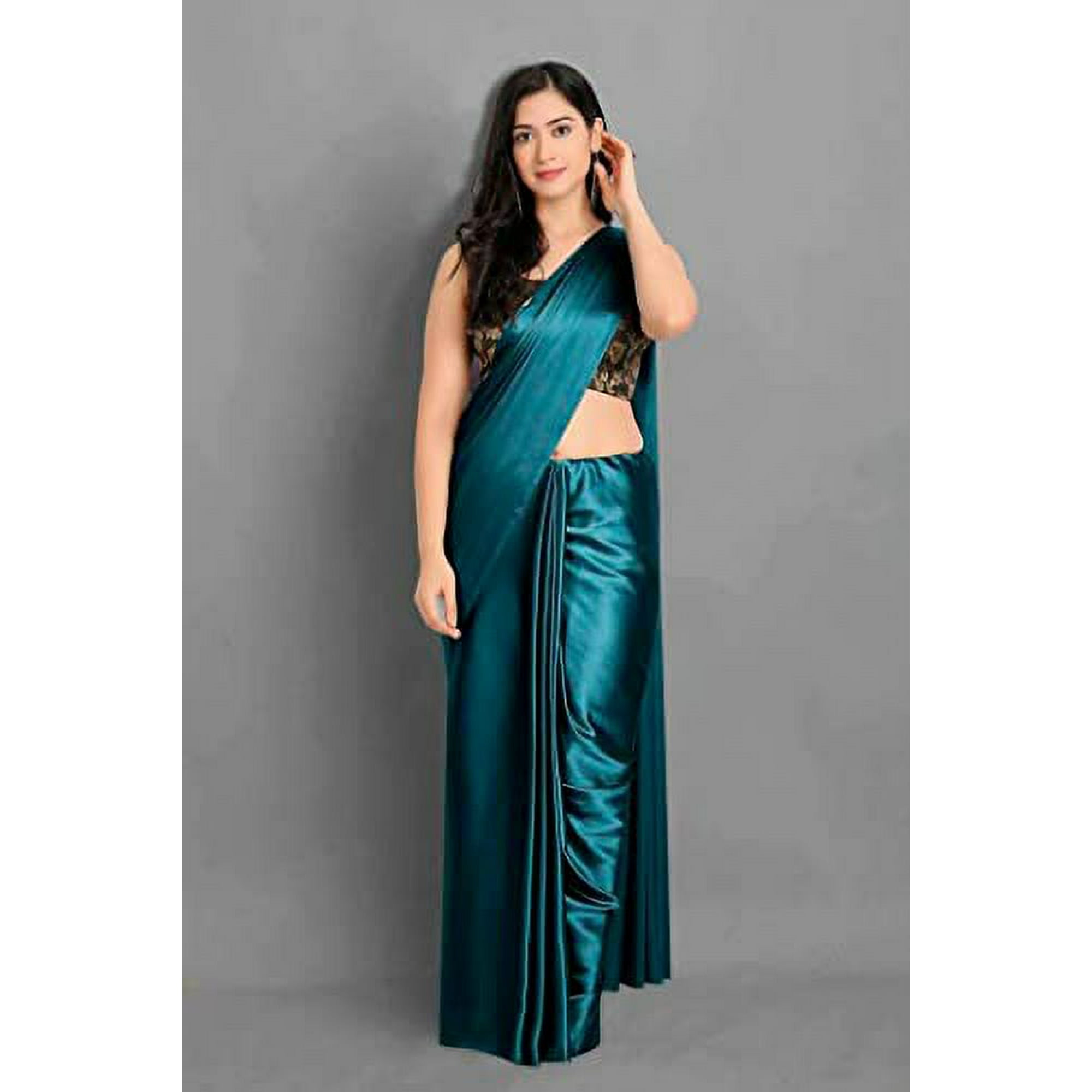 SAI DECORATIVE Women's Indian Traditional Plain Weave Satin Silk Saree  soft, silky and shiny, With Unstitched Blouse Piece Color:- PEACOCK
