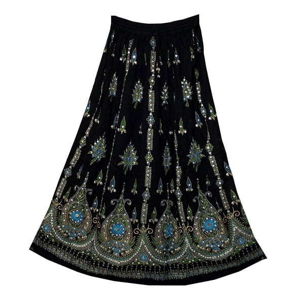 SAI DECORATIVE Women's Long Bohemian Maxi Skirt - Gypsy Hippie Boho Chic Style Skirt & color-Black