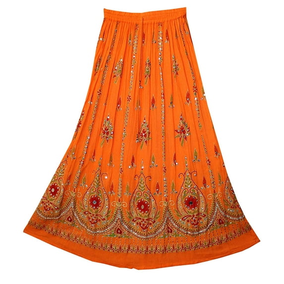 SAI DECORATIVE Women's Long Bohemian Maxi Skirt - Gypsy Hippie Boho Chic Style Skirt & color-Orange