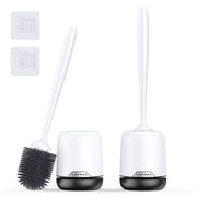 2 Pack Toilet Brush & Holder Set With 4 Brush Heads - White Plastic, Flexible Bristles, Space-Saving
