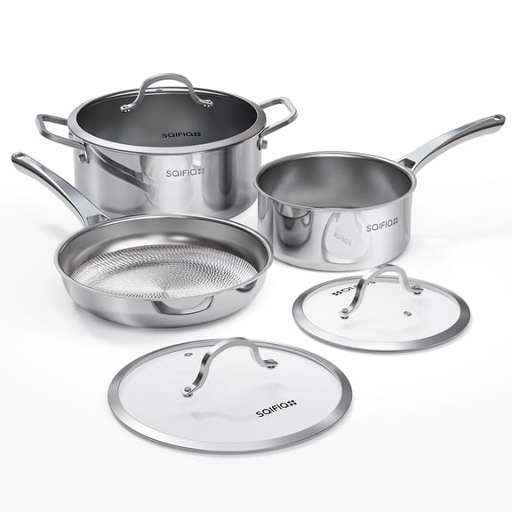 SAIFIA Titanium Cookware Set, 10" Frying Pan, 10" Soup Pot & 8" Saucepan with Lids, Dishwasher & Oven Safe, Works on Gas & Induction Cooktops