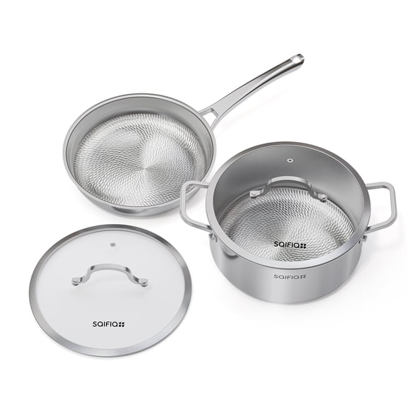 SAIFIA Hammered Titanium 4-Piece Cookware Set, 10-Inch Pots and Pans with Lids, Induction Compatible