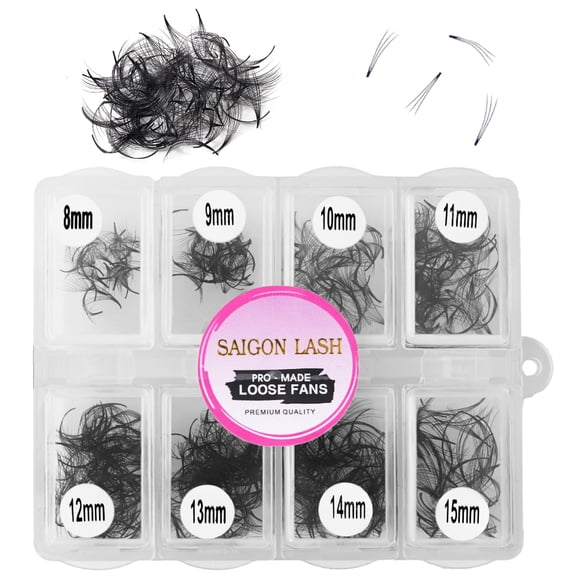 SAIGON LASH Mix Loose Promade Fans 600 Lash Fan , 3D-14D Volume Options, Mixed Lengths 8–15mm, C/D Curl, Black/ Brown/ Choco, Handmade Loose Lashes for Lash Artists (Black-3D-C-0.1-8-15mm)