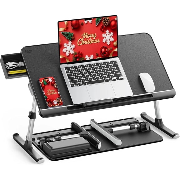 SAIJI Laptop Bed Tray Table, Adjustable PVC Leather Laptop Bed Table, Portable Standing Desk with Storage Drawer, Foldable Lap Tablet Table for Sofa Couch Floor (Dark Black)