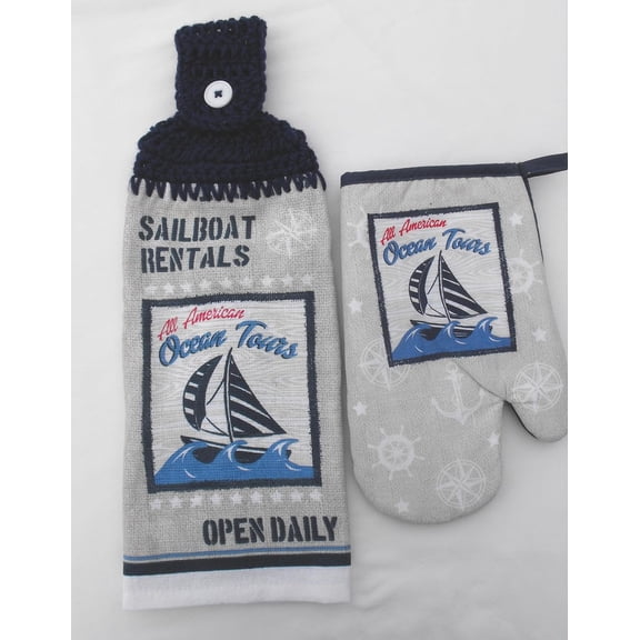 SAILBOAT RENTALS - ALL AMERICAN TOURS - DOUBLE THICK/FULL HANDMADE HANGING KITCHEN TEA TOWEL & MATCHING OVEN MITT