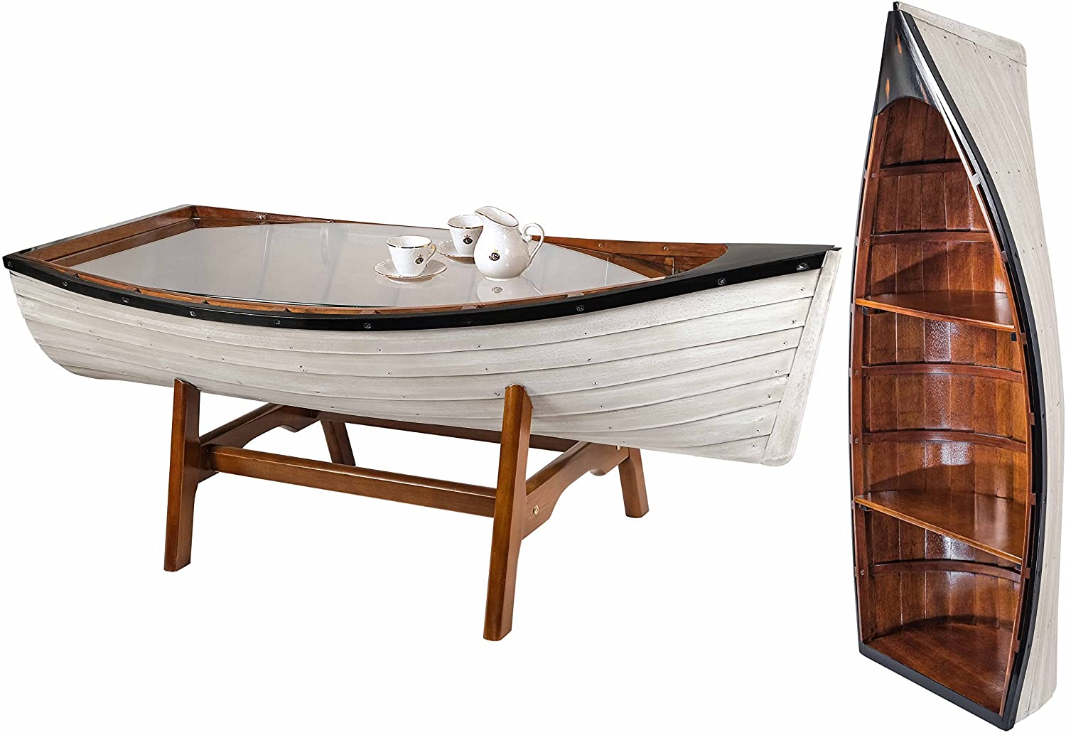 SAILINGSTORY Wooden Boat Coffee Table Boat Bookshelf Coastal Coffee
