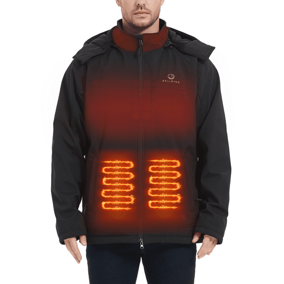 SAILWIND Heated Jacket for Men, Battery Powered Winter Outdoor Coat with Removable Hood Black 2XL