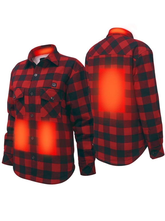 Women's Battery Heated Sherpa Wool Shirt Long Sleeve Red Plaid Top