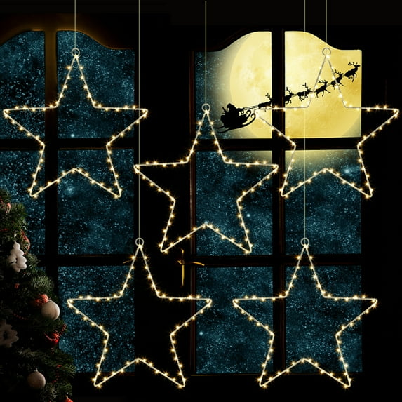 SAINSPEED 5 Pack Christmas Decoration Window Star Light, Hanging Star Light with Remote Control and Timer, Battery-Powered Flashing Star Light with 8 Lighting Modes for Christmas Decorations