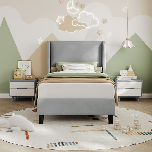 SAINSPEED Bed Frame, Velvet Upholstered Platform Bed with 2 Storage Pockets, Slat Support, No Box Spring Needed, Easy Assembly