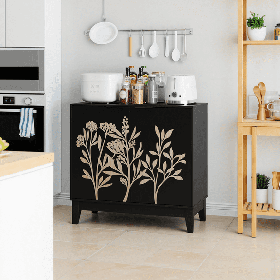 SAINSPEED Carved Floral Accent Storage Cabinet with 2 Doors & Adjustable Shelf, Black Vintage Sideboard Buffet Cabinet for the Living Room Entryway Home Office