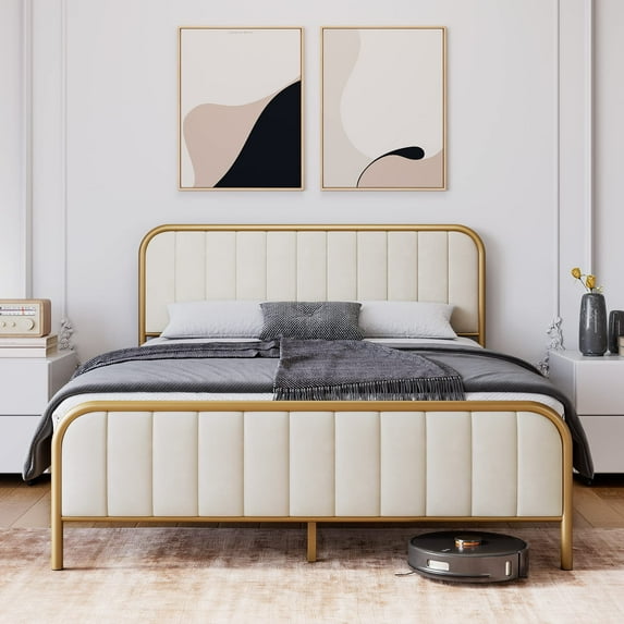 SAINSPEED Full Size Upholstered Bed Frame with Velvet Headboard, Golden Metal Heavy Duty Mattress Foundation, Noise Free Design, No Box Spring Needed, Gold/Beige