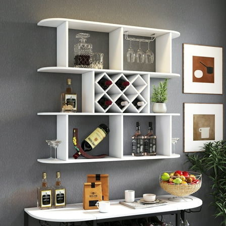 SAINSPEED Large Wall Mounted Wine Rack, 3-Tier Bar Shelves & Glass Holder, Liquor/Wine Bottles Display Storage Organizer for Kitchen, Dining Room,Home Mini Bar