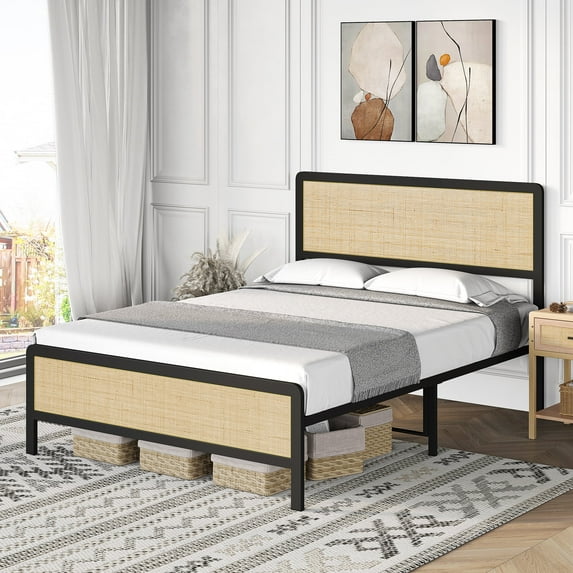 SAINSPEED Platform Queen Size Metal Bed Frame with Rattan Headboard and Footboard, Bed Frame with Safe Rounded Corners, Heavy Duty Metal Foundation with Large Storage, No Box Spring Needed