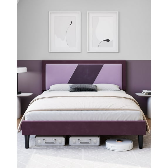 SAINSPEED Queen Bed Frame, Tufted Platform Bed Frame with Adjustable Height Headboard, Velvet Mix Color Upholstered Bed Frame, Purple