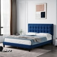 thumbnail image 1 of SAINSPEED Queen Size Bed Frame with Linen Button Tufted Headboard, Heavy Duty Mattress Foundation, and Noise-Free Design in Blue, 1 of 7