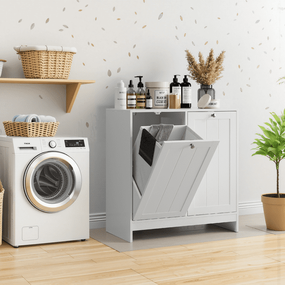SAINSPEED White Bathroom Storage Cabinet with 2 Hidden Laundry Hampers, Waterproof Freestanding Laundry Cabinet, Tilt-Out Laundry Hamper Cabinets for Washroom