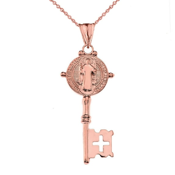 SAINT BENEDICT DOUBLE SIDED CROSS KEY PENDANT NECKLACE IN ROSE GOLD