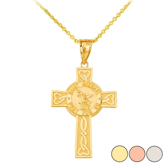 SAINT MICHAEL PRAY FOR US CELTIC CROSS (LARGE) PENDANT NECKLACE IN GOLD (YELLOW/ ROSE/WHITE) : 14K Pendant only