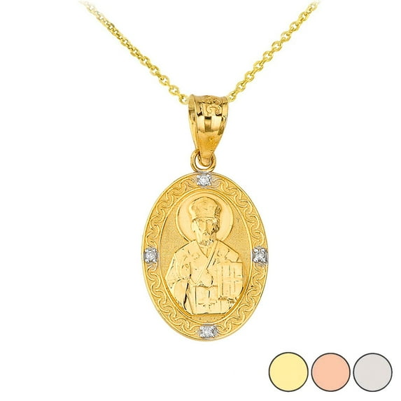 SAINT NICHOLAS PRAY FOR US OVAL DIAMOND PENDANT NECKLACE IN GOLD (YELLOW/ ROSE/WHITE) : 14K Pendant with 22" chain