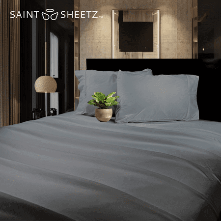 SAINT SHEETZ™ Stay-in-Place Design Like No Other, Super Soft & Cozy, Brushed, Breathable & Durable Microfiber 4-Piece Bedsheet Set with Deep Pockets & Beautiful Trim (Queen, Gray)