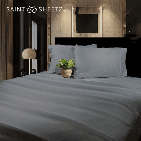 SAINT SHEETZ Stay-in-Place Design Like No Other, Super Soft & Cozy, Brushed, Breathable & Durable Microfiber 4-Piece Bedsheet Set with Deep Pockets & Beautiful Trim (Queen, Gray)