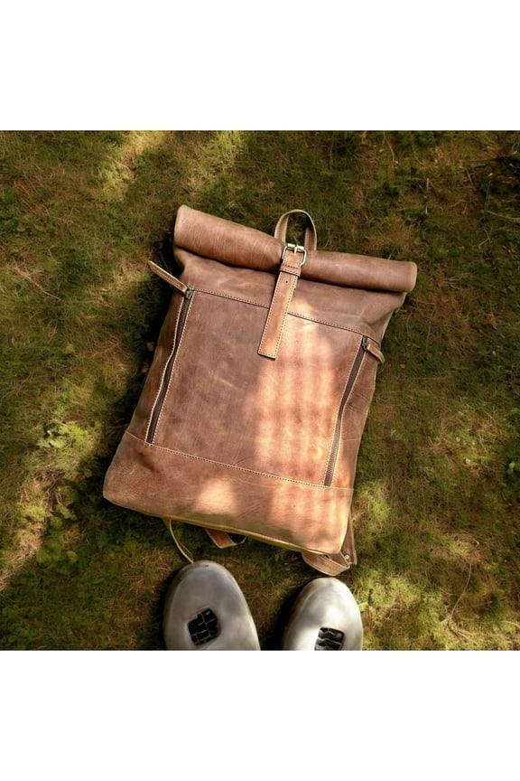 Leather Backpack for Men Roll-Top Backpacks for Adults