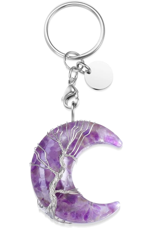 SAIPN Healing Crystal Keyring Wire Wrapped Moon Gemstone Quartz Crystals Stone Keychain Jewelry