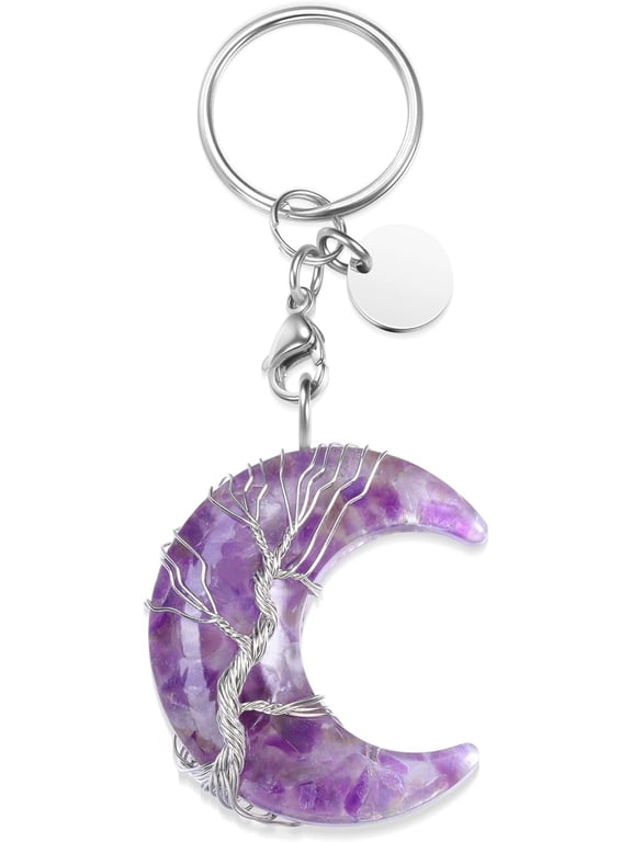 SAIPN Healing Crystal Keyring Wire Wrapped Moon Gemstone Quartz Crystals Stone Keychain Jewelry