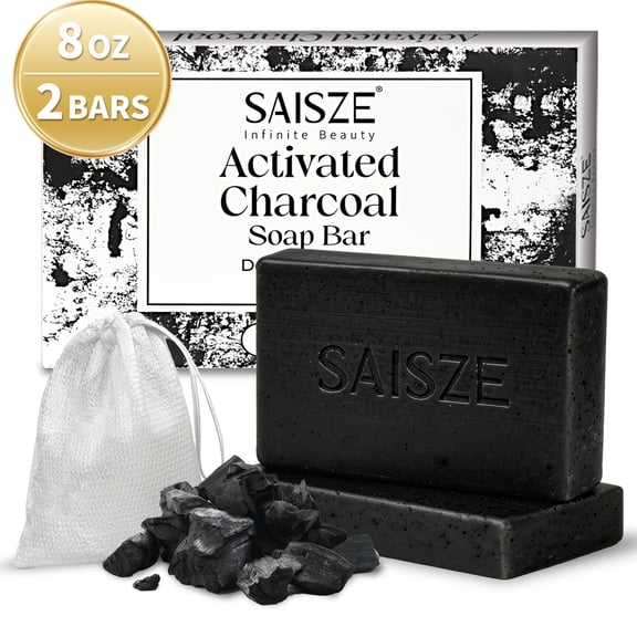 SAISZE Activated Charcoal Soap Bar, Deep Cleansing Black Soap Bar for Face & Body, Moisturizing Handmade Bar Soap with Shea Butter & Olive Oil, All Skin Types, 4 oz, 2 Pack