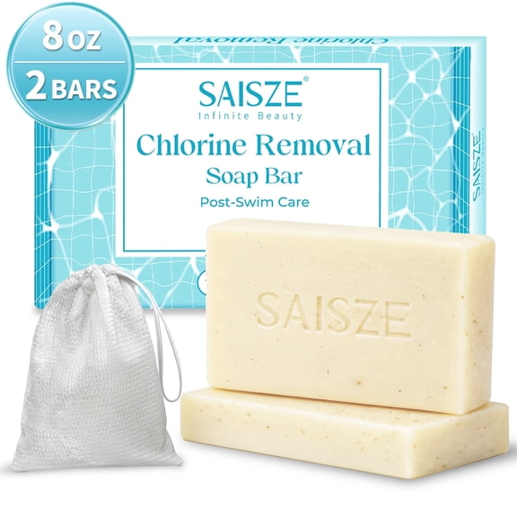SAISZE Chlorine Removal Soap Bars for Swimmers, Chlorine Neutralizing Face & Body Soap for After Swim, Odor Removing Bath Soap with Vitamin C, Olive Oil & Shea Butter, 4 Oz, 2 Bars