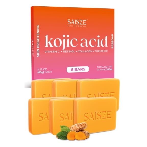 SAISZE Kojic Acid Soap for Dark Spots, Handmade Turmeric Soap Bars for Body & Face for All Skin Types, Smooth Skin, 2.29 oz × 6 Bars