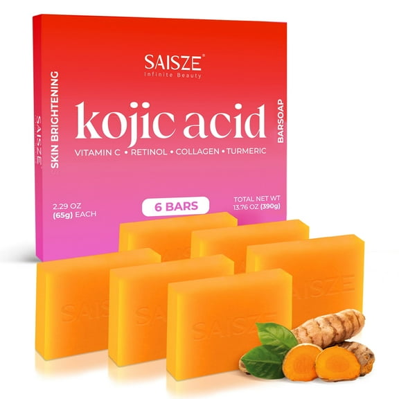 SAISZE Kojic Acid Soap for Dark Spots, Handmade Turmeric Soap Bars for Body & Face for All Skin Types, Smooth Skin, 2.29 oz × 6 Bars