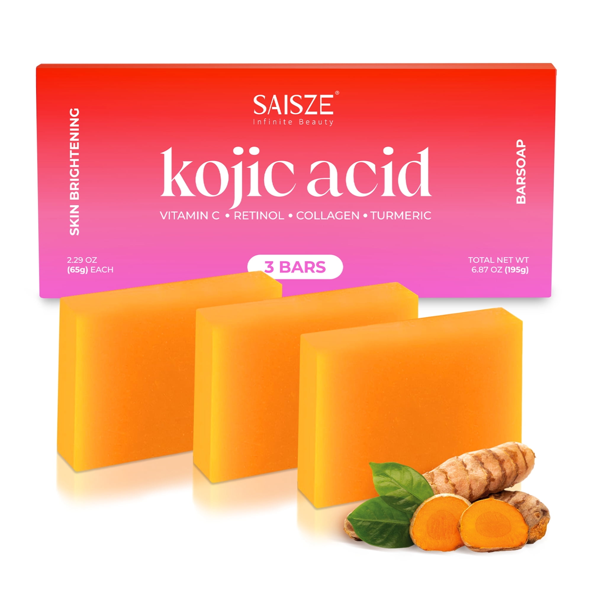 SAISZE Kojic Acid Soap, Turmeric Soap Bars Help Dark Spot Reduce with Vitamin C, Retinol, Collagen, 65g × 3 Bars (6.87 oz)