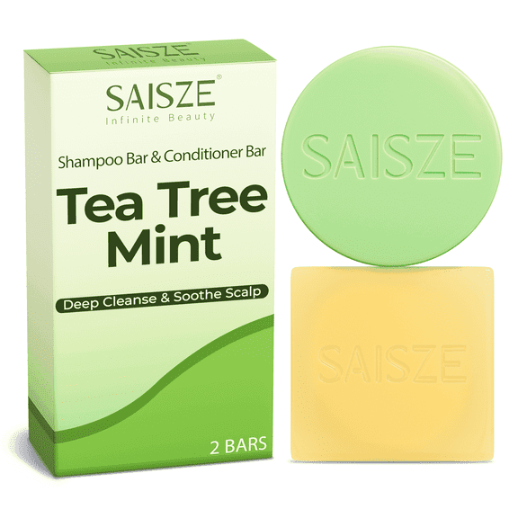 SAISZE Tea Tree Shampoo and Conditioner Set – Tea Tree Oil & Mint Shampoo and Conditioner Bars, 2 Pcs Natural Handmade Hair Care Soap for Anti-Dandruff, Revitalizing & Clarifying