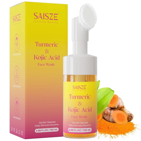 SAISZE Turmeric Face Wash with Kojic Acid and Cleansing Brush, Gentle Foaming Facial Cleanser for Daily Use, 3.38 fl oz (100 ml)