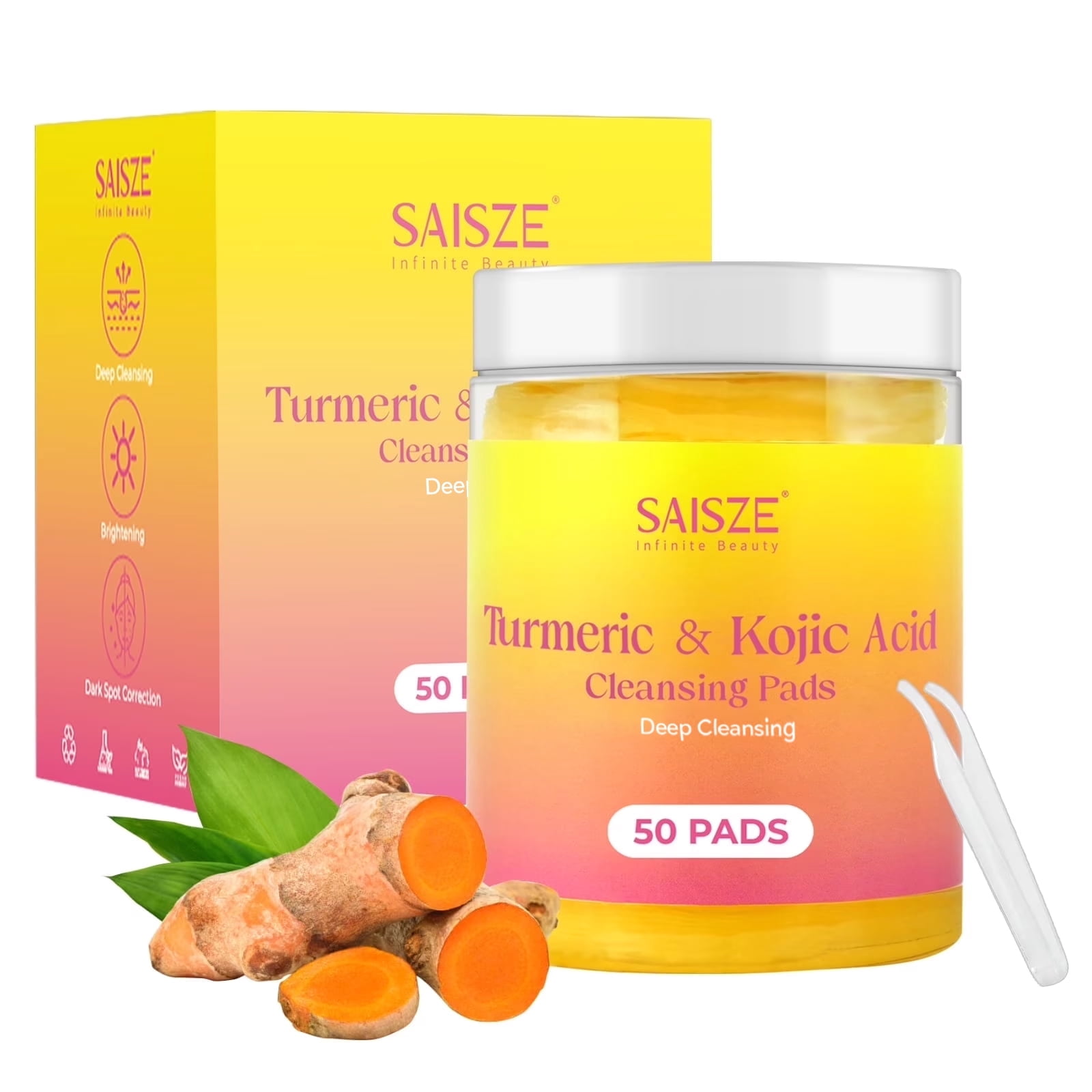 SAISZE Face Scrub Pads with Turmeric & Kojic Acid, Exfoliating Facial Cleansing Pads for Daily Skincare, Gentle Refreshing Care, 50 Pads