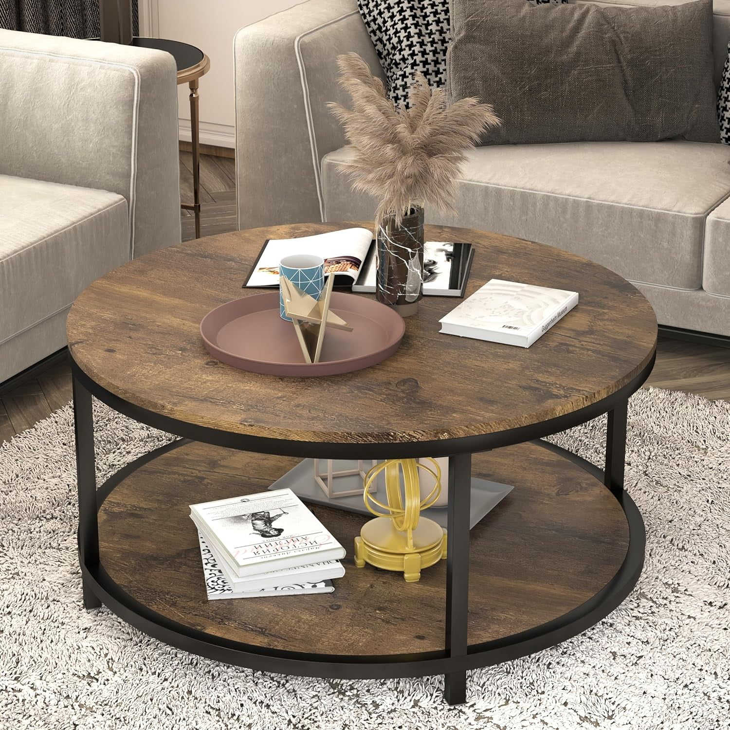SAIYA 36 inches Round Coffee Table, Rustic Wooden Surface Top & Sturdy ...