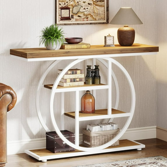 SAIYA 41.3" Console Table, Industrial 4-Tier Sofa Table Entryway Table with Circle Base, Narrow Wood Accent Tables with Storage Shelves for Living Room, Hallway, Foyer, Brown White