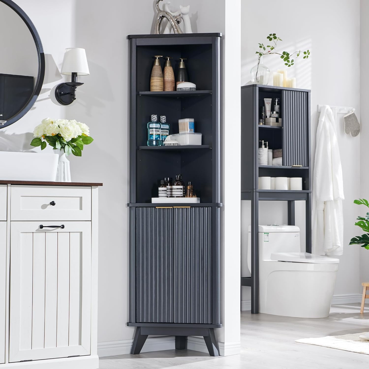 SAIYA 68" Tall Corner Cabinet, Modern Fluted Storage Cabinet with Faux ...