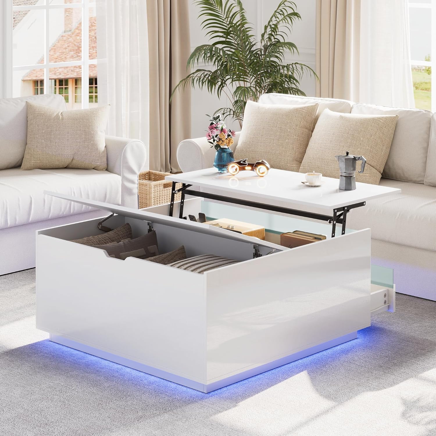 SAIYA High Gloss Coffee Table with Storage,White Square Lift Top Coffee ...